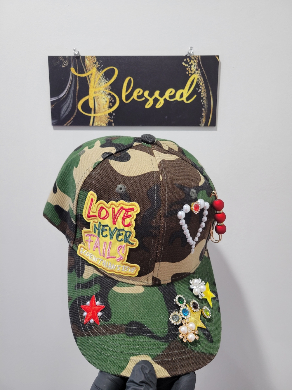 Camouflage Hat with Heart & Patch Embellishments